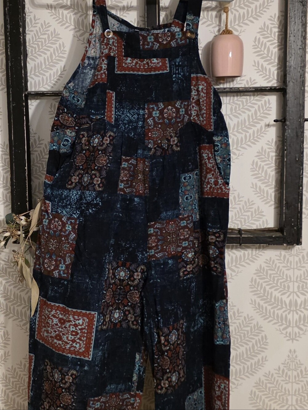 Patchwork Print Wide-Leg Women’s Overalls - Navy & Rust